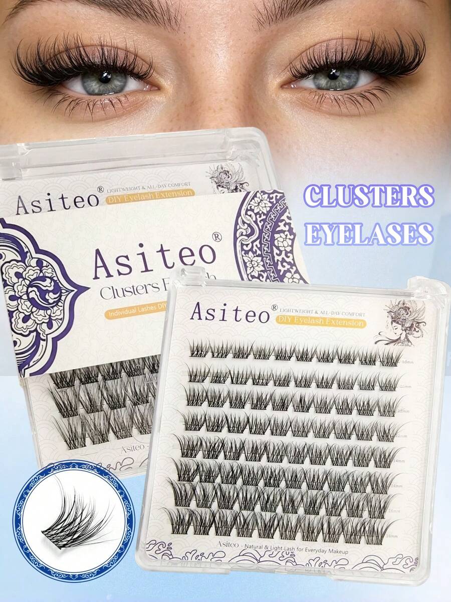 Asiteo 80pcs Natural Thin Dense Eyelash Clusters, Cat Eye Style, 10-16mm Pre-Arranged Natural Effect Eyelash Clusters, Single Cluster Angel Lashes, Suitable For Beginners - D - View 1