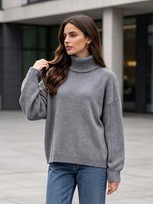 Roviva Women's Autumn Elegant Casual Commute High Neck Solid Color Sweater Top, Suitable For Party, Gathering, Holiday, Birthday Party, Work Commute - Grey - View 7