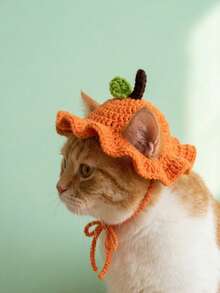 1pc Pet Hat Orange Knitted Cat Hat, Cute Handmade Crochet Halloween Costume Accessories, Soft Ruffled Pet Headpieces For Cats And Dogs' Birthday Party Photo Props, Fun Holiday Role-Playing Hats - Multicolor - View 8