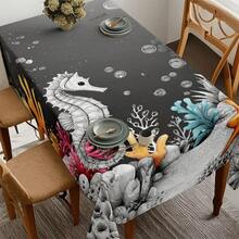 2D Flat, 1pc Soft, Fashionable And Beautiful Seahorse And Coral Underwater World Pattern Tablecloth, Dining Table/Coffee Table/Desk/Coffee Table, Picnic/Outdoor Dining Table/Camping Dining Table, Exquisite Lifestyle, Home Fabric - A - View 3