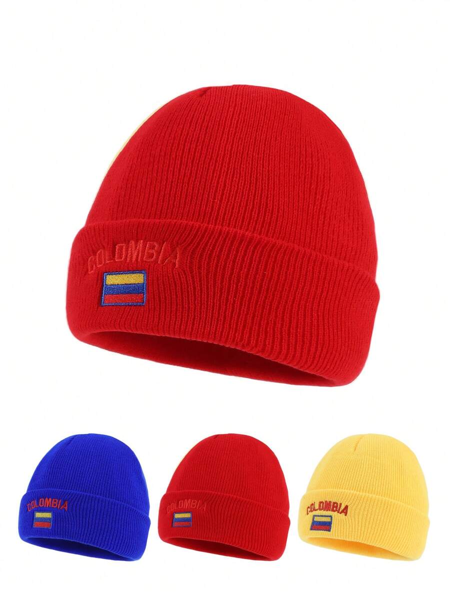 1pc Women's Letter Colombia Flag Embroidered Knit Beanie Hat, Brimless Cap Suitable For Autumn/Winter Warmth, Daily Outfits - A - View 1