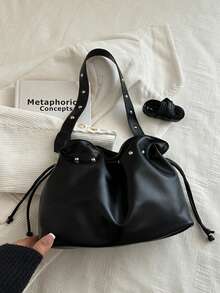 New Women Pleated Handbag, Fashionable Versatile Street Style Shoulder Bag, Underarm Bag,Bags For Woman,Black Bag - Black - View 9