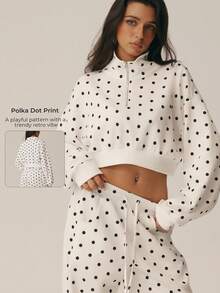 Women's Polka Dot 1/4 Zip Stand Collar Drop Shoulder Long Sleeve Cropped Sweatshirt, Ribbed Hem, Casual Fitness Jacket - Beige - View 10