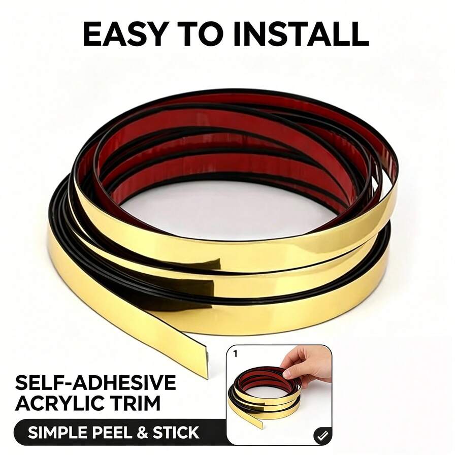 Self Adhesive PVC Gold Decorative Trim Strip, 1.5cm X 5m Metallic Mirror Finish Molding Tape, Flexible Peel And Stick Wall Border Line For DIY Home Decor, Furniture, Cabinet, Mirror Frame - Multicolor - View 1