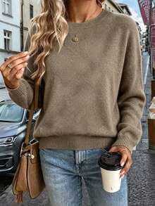 Women's Comfortable Round Neck Knit Top, Fashion Solid Color Long Sleeve Pullover, Loose Fit Basic Sweater, Suitable For Daily Wear - Earth Gray - View 4