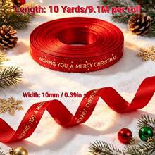 10 Yards Gold Letter Shiny Red Christmas Ribbon - Suitable For Gift Wrapping, Christmas Tree Decoration, DIY Bows & Holiday Crafts, 10mm Wide, Holiday Christmas Tree Wreath Decor - Red Ribbon - View 3