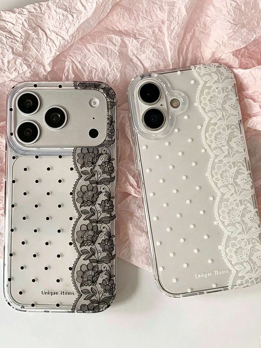 1PC Ins Black & White Lace Polka Dot IMD Full Coverage Shockproof TPU Phone Case Compatible With Apple 11 Pro Max/12 Pro Max/13 Pro Max/14 Pro Max/15 Pro Max/16 Pro Max/17 Pro Max/18 Pro Max - Multicolor - View 1