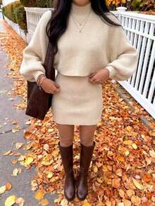 Cream White Ribbed Knit 2 Pieces Set, Cropped Drop Shoulder Long Sleeve Cover Up, High Elastic Slim Fit Tank Top And Mini Skirt Knit Set - Apricot - View 3
