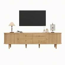 TV Stand With Rounded Edges, 3D Wave-Shaped Structure, Sliding Doors, 4 Drawers, Wooden Legs, And Metal Handles. - Natural + MDF + Particle Board - View 1