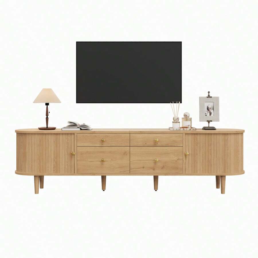 TV Stand With Rounded Edges, 3D Wave-Shaped Structure, Sliding Doors, 4 Drawers, Wooden Legs, And Metal Handles. - Natural + MDF + Particle Board - View 1