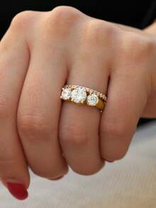 ESBERRY 1 buah Cincin Moissanite, Cincin Elegan dengan Tiga Batu 1ct Bertatahkan Bingkai, Cocok untuk Pertunangan dan Pemakaian Sehari-hari Wanita - Emas - View 5