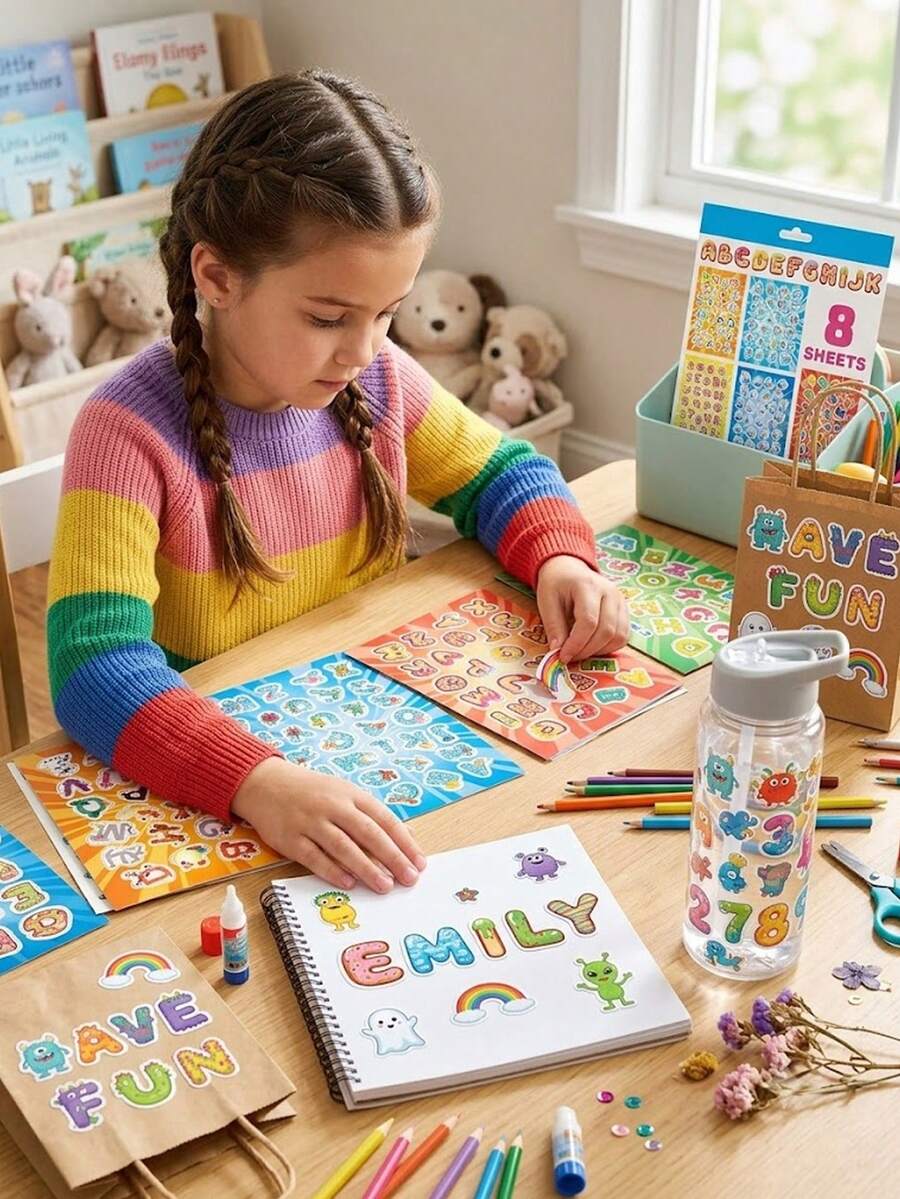 8 Sheets Paper DIY Alphabet Splicing Stickers, Cartoon Letter Pattern, Early Education ABC Learning Activity, Build Your Own Letter Combinations, Ideal For Gift, Party Favor, Kids Interactive Handcraft Toy Stickers & Classroom Teaching - Multicolor - View 1