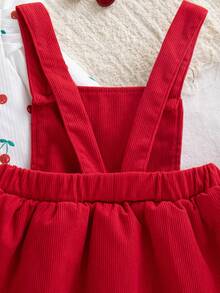Autumn/Winter Baby Girl Stylish Outfit & Ribbed Cherry Long Sleeve Bodysuit & Red Ruffle Suspender Skirt & Red Bow Hair Tie & Newborn Outing Dress 3-Piece Set - Red - View 11