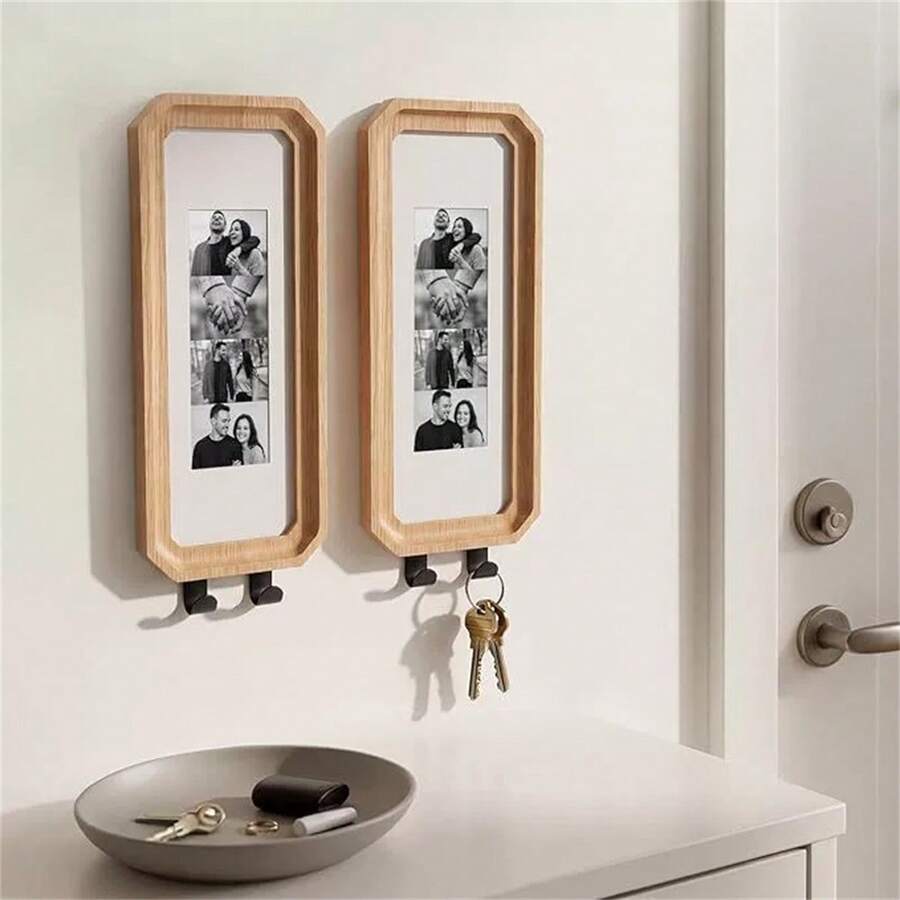 1/2pcs Wooden Picture Frame With Hooks, Photo Display Bar Frame Key Rack, Wall Decor Hanging Ornament, Home Decor Gift, Suitable For Friends, Family, College, Wedding, Christmas, Thanksgiving, Halloween, Christmas Decoration - Multicolor - View 1