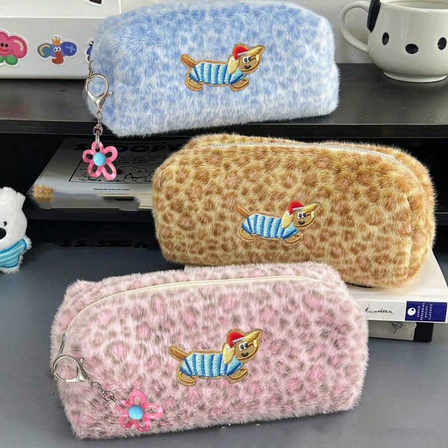 Plush Leopard Print Pencil Case, Cute Dachshund Embroidery Large Capacity Pencil Pouch With Flower Charm, Portable Cosmetic Storage Bag, Suitable For Office And School Supplies - Single Piece - View 1