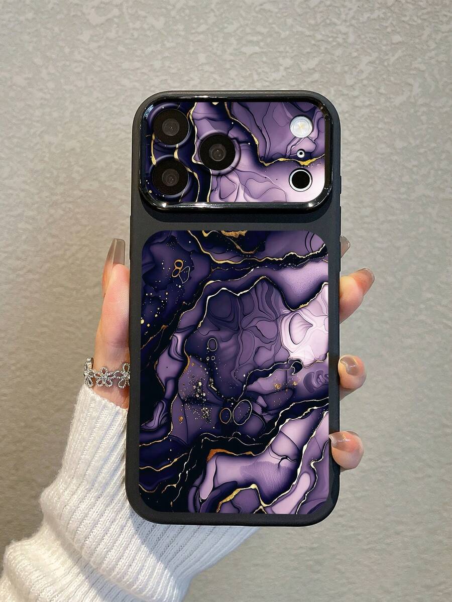 1pc Purple Tone Gold Marble Fluid Tie Dye Pattern Large Window Phone Case, Ins Luxury High-End Style; Black Matte Marble Texture Phone Case, Raised Lens Full Coverage Anti-Drop Soft Shell, Suitable For Personal Use, Valentine's Day, Birthday Gift Choice; Compatible With IPhone Case & Galaxy Case - Black - View 1