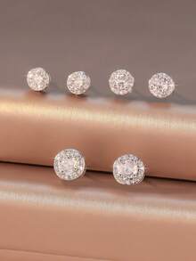 6pcs/Set Luxury Style Round Zirconia Stud Earrings Set For Women, Suitable For Commuting, Daily Wear And Dating - Circular Zirconium - View 5