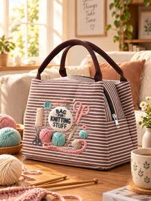 Printed With Yarn, Scissors And Knitting Needles, This Handbag Can Store Sewing Tools, Cosmetics And Small Personal Items. Multiple Fresh Striped Color Combinations, Suitable For Handmade Enthusiasts And Commuters, Artistic Handmade Healing Style, Perfect As A Practical Creative Gift For Girls Who Love Knitting And Sewing - Multicolor - View 4