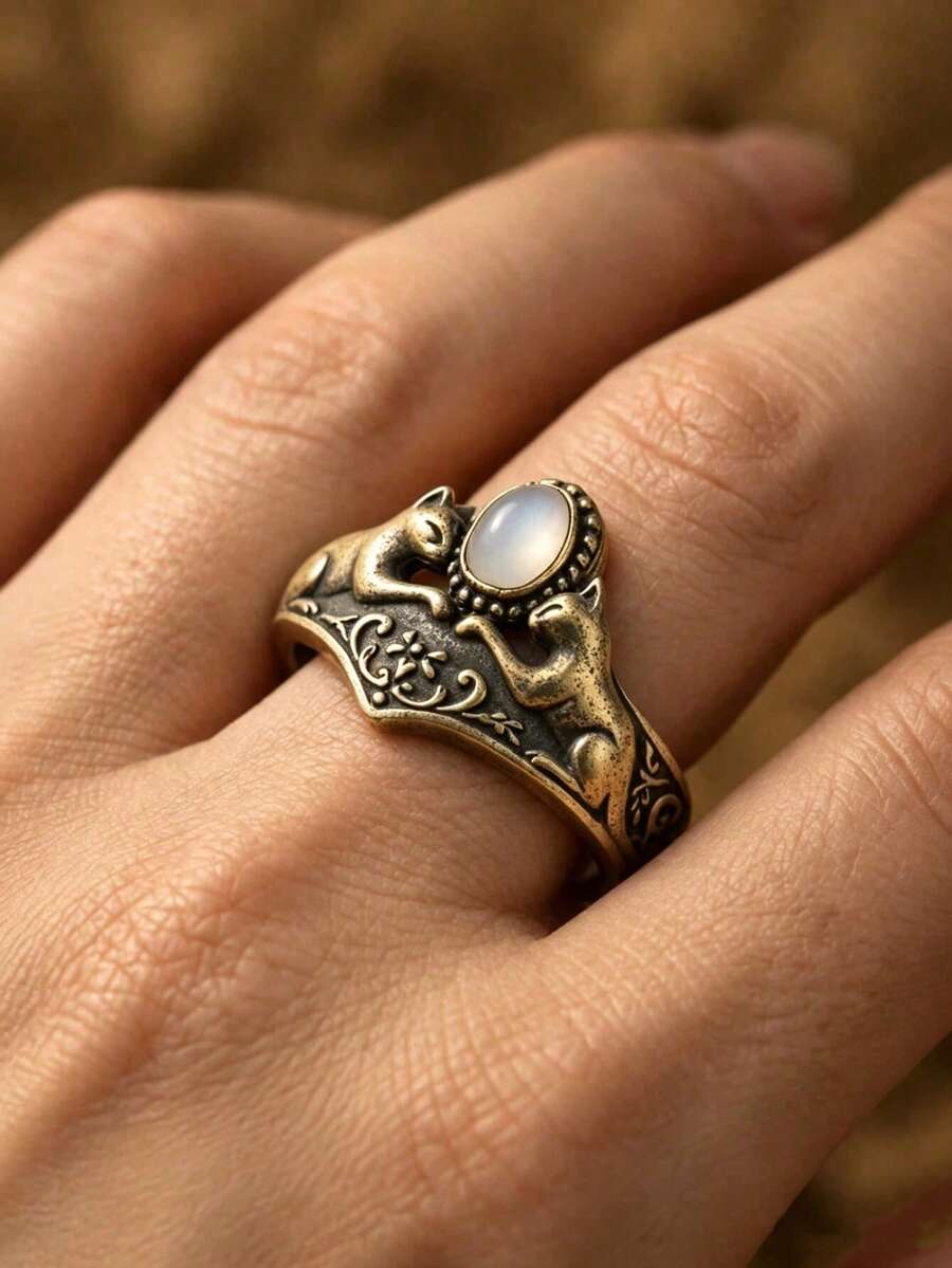 1pc Vintage Cat Ring For Women Gold Color Imitation White Opal Ring Retro Embossed Animal Cat Finger Ring Bohemian Gothic Jewelry Party Birthday Gift - Ring - View 1