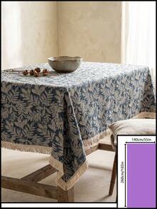 1pc Gray Blue Base White Branch & Leaf Pattern Tablecloth, Natural Rustic Style Linen Blend Material, Rectangular Beige Tassel Edge Detail, Stain-Resistant Desktop Protection Function, Suitable For Daily Home Use And Natural Dining Table Decor Scenes - Blue - View 19