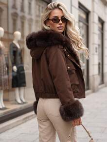 Women's Cropped Hooded Jacket Artificial Fur Trim Zip Snap Front Drawstring Hem - Chocolate Brown - View 2