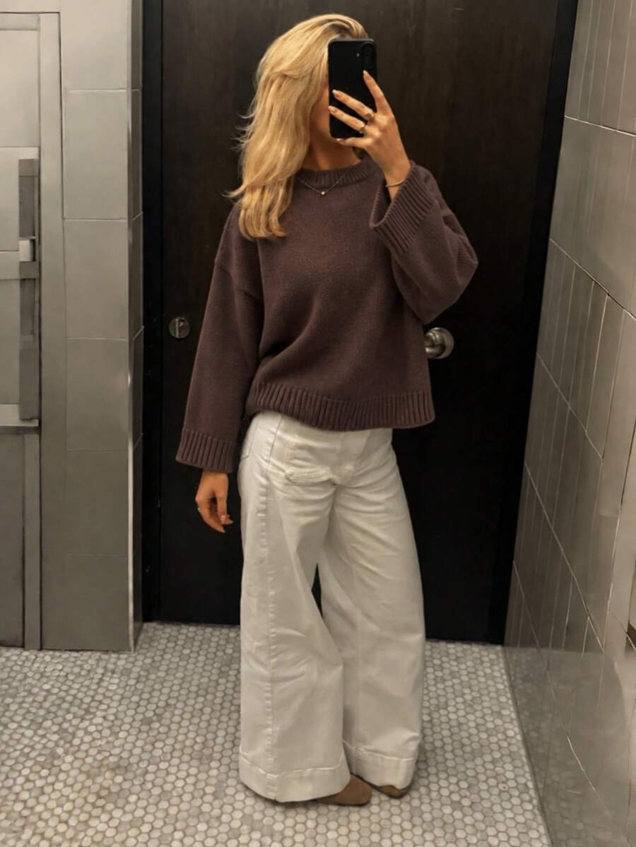 Women's Round Neck Drop Shoulder Knit Sweater, Loose Solid Color Basic Pullover Top, Retro Style, Suitable For Commuting, Campus Life, And Everyday Occasions. - Coffee Brown - View 1