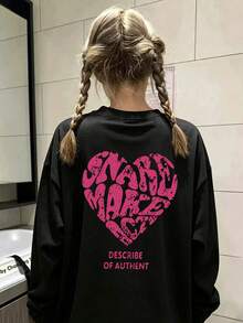 Autumn/Winter New Gen Z Y2K Style Women's Top, Fun Letter & Heart Print Crew Neck Long Sleeve T-Shirt - Black - View 3