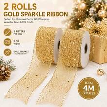 1/2 Rolls Of Golden Glitter Mesh Ribbon With Wire Edge, 1.97inch Wide, 78.74 Inch Per Roll (Total Length 157.48 Inch). Features Shimmering Transparent Mesh With Large Sequins And Flexible Wire Edging. Suitable For Making Bows, Christmas Tree - View 3