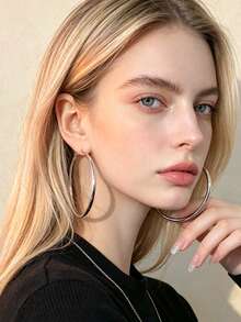 3 Pairs Minimalist Fashion Geometric Round Earrings Set Suitable For Women's Daily Casual Wear - Silver - View 4
