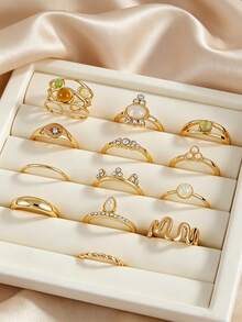 13pcs Personalized Rhinestone & Faux Gemstone Ring Set, Fashionable Accessory For Women To Wear At Parties, Gatherings, Music Festivals - Yellow Gold - View 4