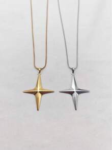 1pc Exaggerated Vintage Stainless Steel Gold-Plated Cross & Oversized Star Pendant Necklace, Unisex, Daily Wear, Couple Gift, Holiday Gift - Multicolor - View 3