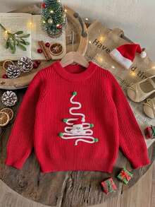 Girls' Cute Christmas Tree & Santa Claus Embroidered Pom Pom Sweater, Round Neck Knit Pullover, Suitable For Christmas, Daily Wear, Vacation, Spring, Autumn, Winter - Red - View 1