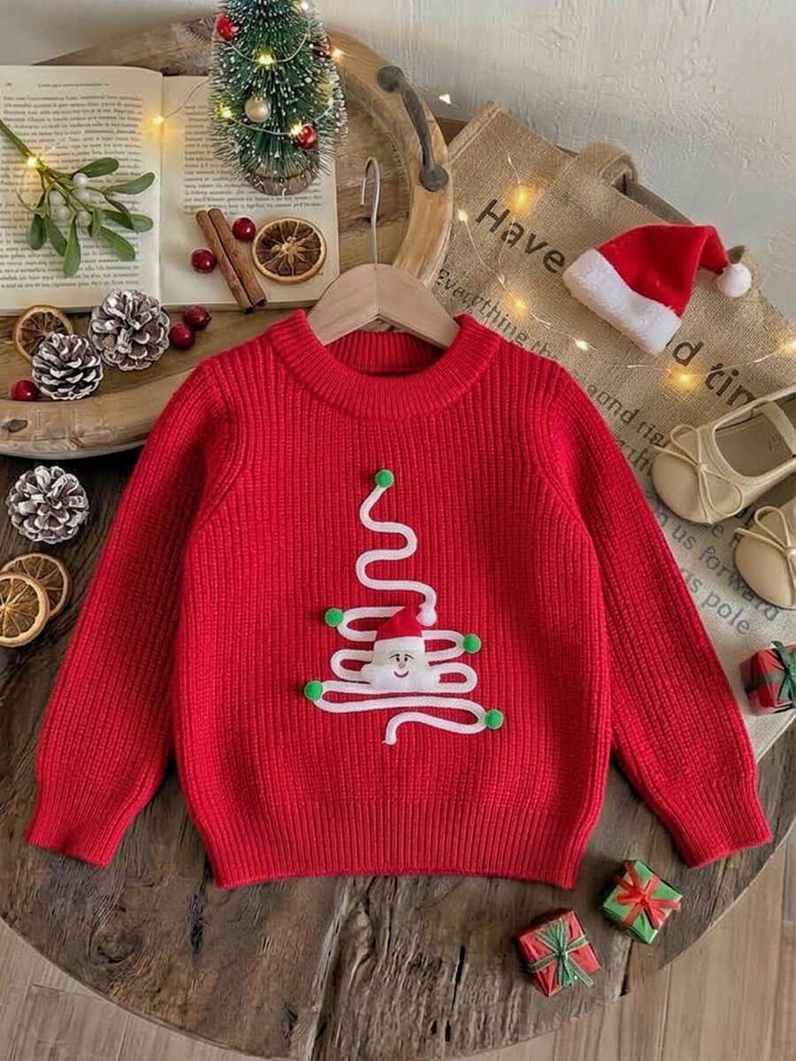 Girls' Cute Christmas Tree & Santa Claus Embroidered Pom Pom Sweater, Round Neck Knit Pullover, Suitable For Christmas, Daily Wear, Vacation, Spring, Autumn, Winter - Red - View 1