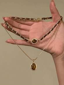 2pcs Vintage Malachite Heart & Tiger Eye Stone Tassel Necklace, Simple Sweater Chain Accessory For Women - Multicolor - View 1
