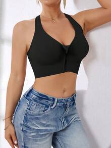 Women's High Intensity Front Zip Seamless Wireless Sports Bra, Suitable For Spring, Summer, Autumn And Winter - Black - View 8