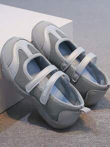 1 Pair Girls Contrast Mesh Mary Jane Sneakers, Double Hook & Loop Adjustable, Closed Toe Anti-Collision Soft Sole Non-Slip Casual Kids Shoes - Silver - View 3