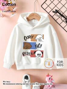 Kids Hooded Sweatshirt, Cartoon Bear Panda Panel Oops No Really Letter Graphic Print Thick Fleece Lined Pullover For Kids - White - View 9