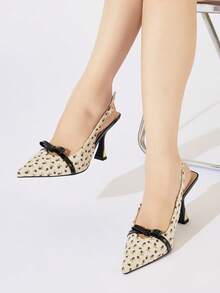 Women's Bow Decor Slingback Pointed Toe Flare High Heel Romantic Beige Ditsy Floral Fabric Low Vamp Pumps Suitable For Wedding Date Daily Wear Spring Summer Autumn Winter - Black - View 2
