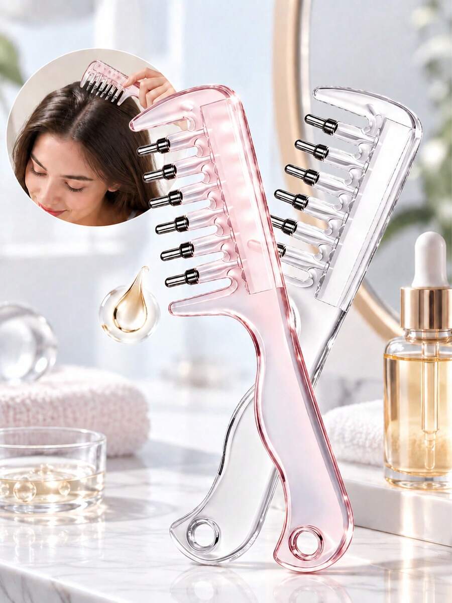 2/1PC Elastic Roller Transparent Liquid Dispensing Comb, Oil-Free, Massage Hair Brush, Scalp Essential Oil Dispensing Comb, Wide Tooth Application Comb, Crystal Comb, Home Essential Oil Care Massage Comb, Suitable For Curly Hair, Straight Hair, Applicable For Home, Hair Salon, Dressing Table, Bedroom, Bathroom, Travel Essentials. - Multicolor - View 1