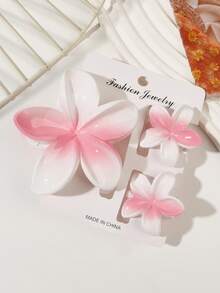 3pcs/Set Spring/Summer Bohemian Style Pink & White Gradient Marble Pattern Egg-Shaped Hair Claw Clips, Large & Small Sizes, Beach Vacation Style Bangs & Loose Hair Styling Hair Accessories - White Pink Ombre - View 5