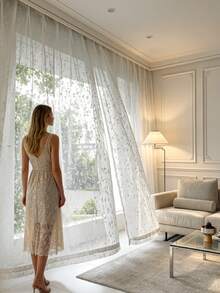 1pc Embroidered White Floral Fresh Fashion Gauze Curtain, Floral Pattern, Rod Pocket Design, Suitable For Living Room And Bedroom - Transparent And Light Filtering Curtains, Living Room Curtains, Bedroom Curtains - Multicolor - View 5
