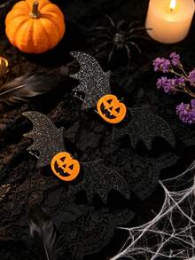 Halloween Glitter Bat Pumpkin Hair Clips, Jack-O'-Lantern Decor Alligator Barrettes, Gothic Party Cosplay Hair Accessories For Women - Bat - View 4