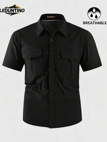 LEDUNTINO [Spring/Summer] Men's Fashion Casual Utility Shirt, Sporty Style, Pure Green, Men's Spring/Summer Short Sleeve Shirt, Button-Up Sporty Black - Black - View 3