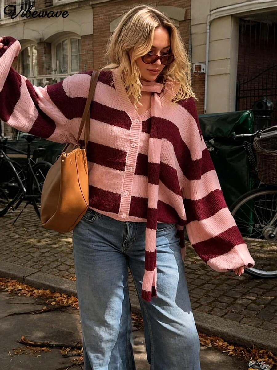 VIBEWAVE Pink Burgundy Color Block Striped V-Neck Cropped Knit Cardigan With Scarf, Women Retro Drop Shoulder Sweater Coat Fall Winter - Watermelon Pink - View 1