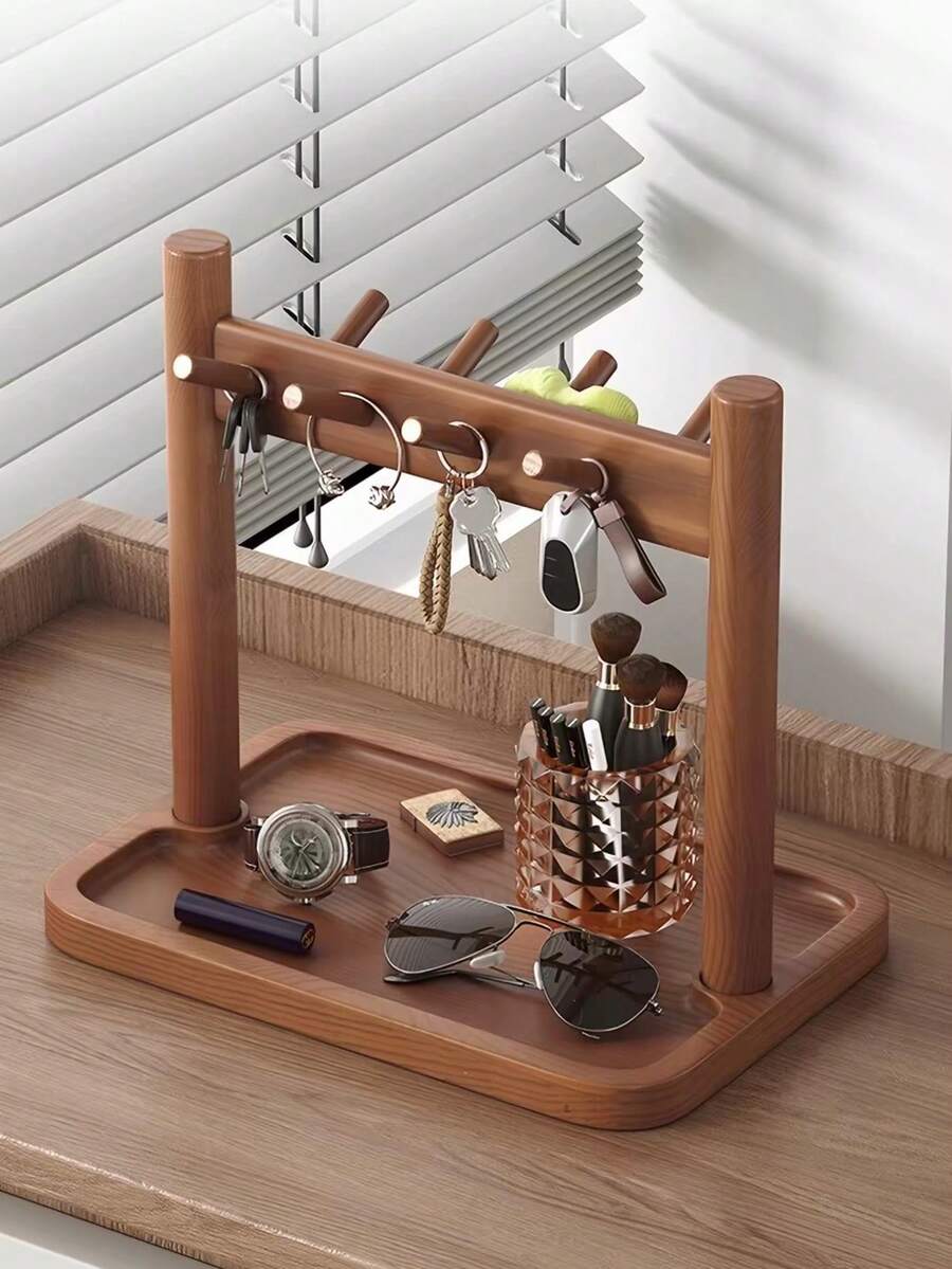 Wooden Entryway Key Holder With Storage Tray, Desktop Organizer Rack With Multi‑Hooks For Keys, Watches, Jewelry & Small Sundries, Home Tabletop Decor - View 1