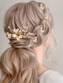 7pcs/Set Bridal Hair Pin Set, European & American Style Handmade White Pearl Alloy Leaf Flower Hair Sticks, Wedding Dress Accessories - Gold - View 3