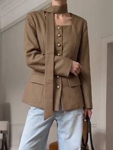 Old Money Vintage Button-Front Slim Fit Blazer, Elegant Square Neck Scarf Decor Long Sleeve Shirt, Suitable For Formal Business Occasions And Parties - Khaki - View 3