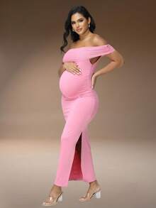 JustVH Maternity Off-Shoulder Mesh Elegant Summer Sleeveless Dress, Suitable For Baby Shower Photography Fall - Baby Pink - View 5