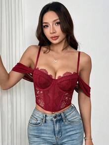 EZNV Lace Corset Top, Spaghetti Strap Mesh Cropped Bustier With Boning, Party Top - Burgundy - View 3