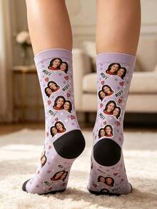 Custom BFF Heart & Polka Dot Print Crew Socks, Personalized Best Friend Photo Mid-Calf Gift Socks For Women - Mauve Purple - View 2